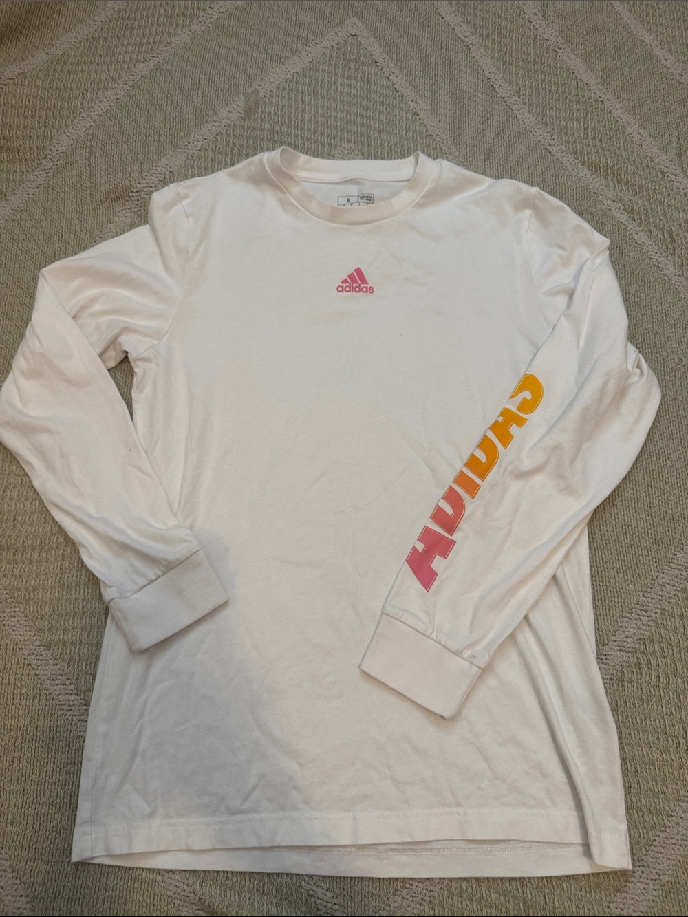 Adidas Long Sleeve Graphic Tee White Pink Orange Sleeve Logo Shirt Women’s Small